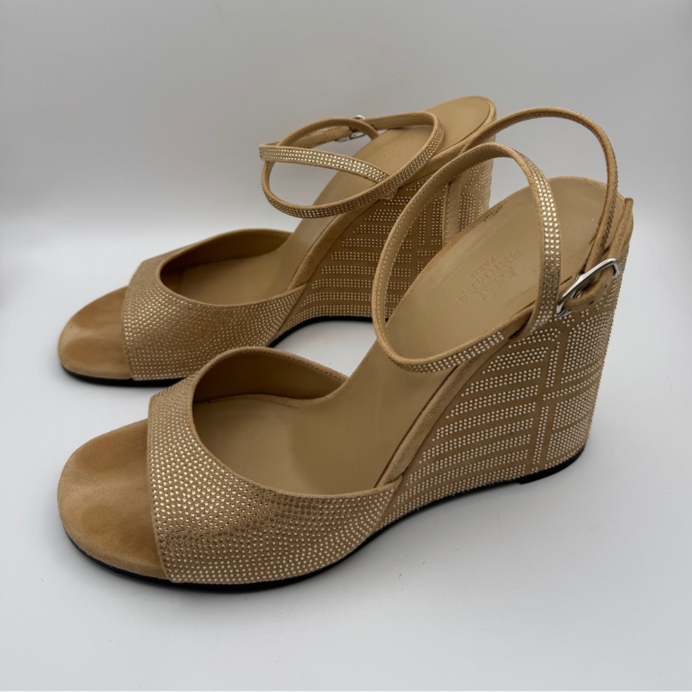 Hermès Jolie 100 Beige Strass Ankle Strap Leather Wedge Open Toe Heels EU 40